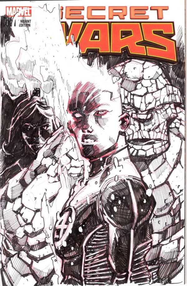 Human Torch, Thing, and Invisible Woman on Secret Wars Sketch Cover by Eric Canete