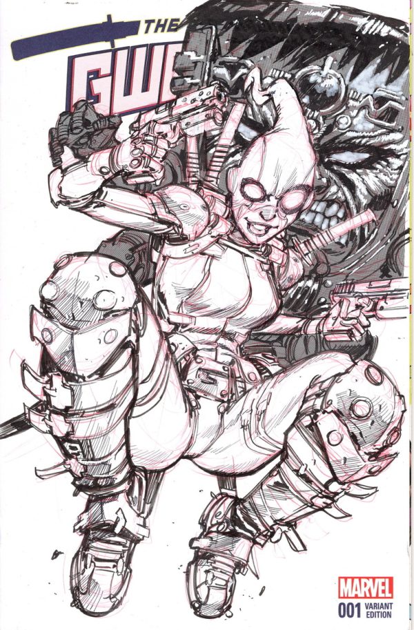 Gwen-pool and MODOK on Gwen-pool Sketch Cover by Eric Canete